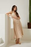 Cotton Kumaş Boyun Askılı Uzun Kadın Yazlık Elbise-BEJ
