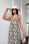 Viskon Kumaş Geniş Askı Çiçek Desen Kadın Yazlık Elbise-MAVİ