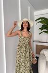 Viskon Kumaş Geniş Askı Çiçek Desen Kadın Yazlık Elbise-HAKİ